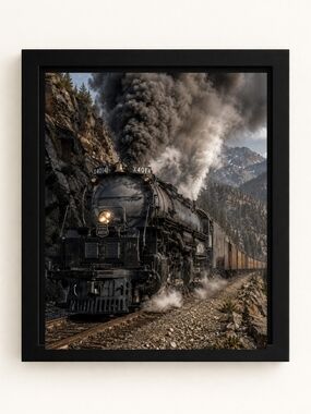 Hand Crafted Black Steam Locomotive Wall Print